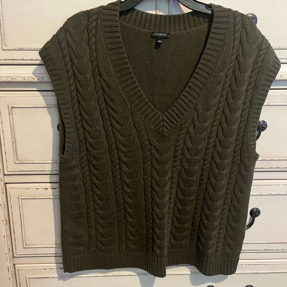Talbots Green V-Neck Cable Knit Sweater